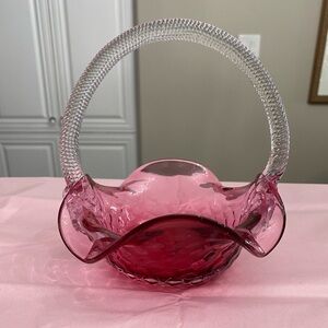 EUC ROSSI HAND BLOWN CRANBERRY GLASS BASKET QUILTED BOTTOM CLEAR BRAIDED HANDLE
